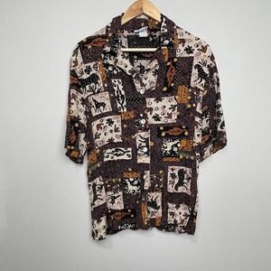 Vintage Oriel Printed Button Up Short Blouse Shoulder Pads Black Cream Brown